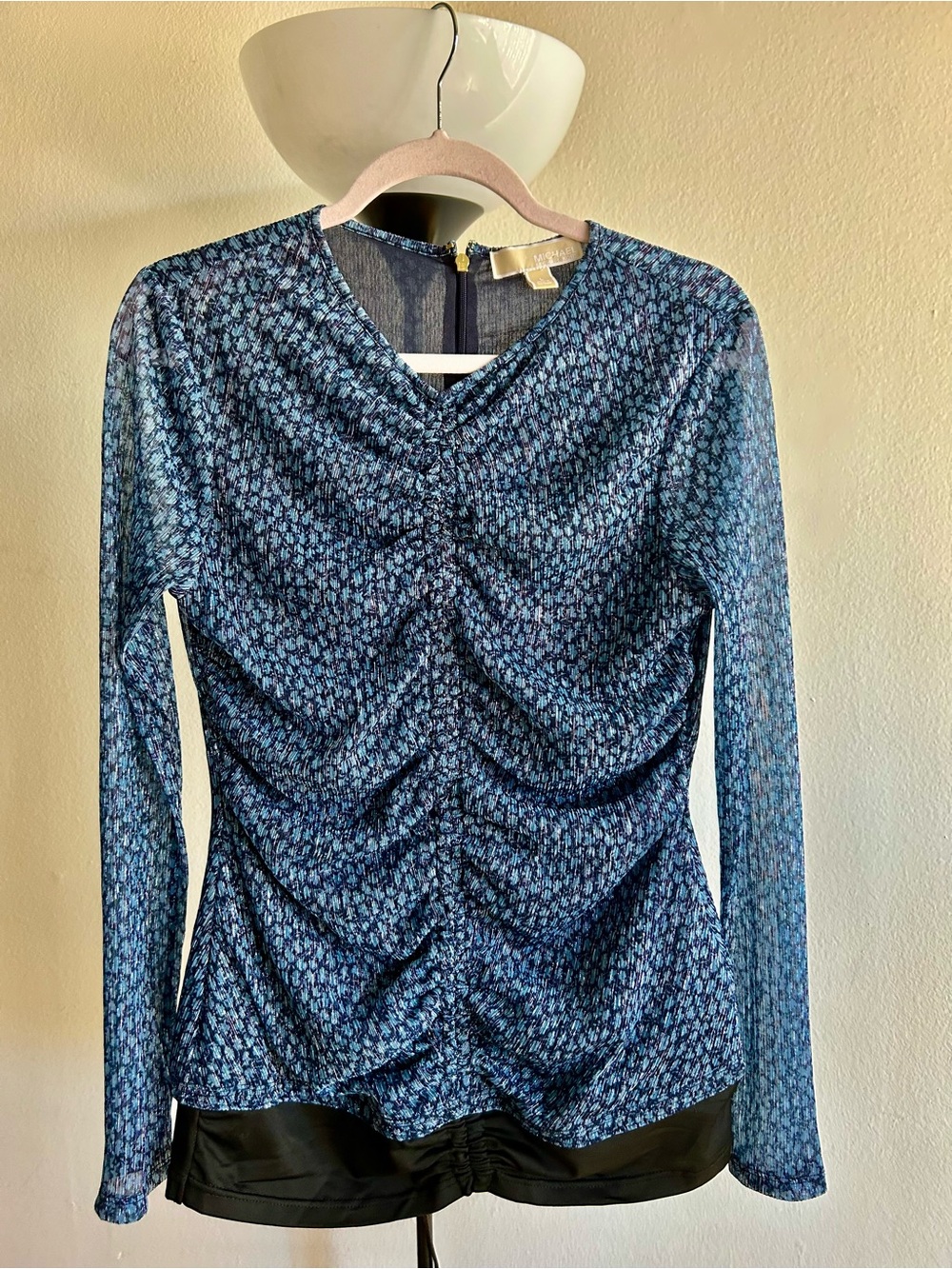 Michael Kors Blue Floral Ruched Long Sleeve Top
